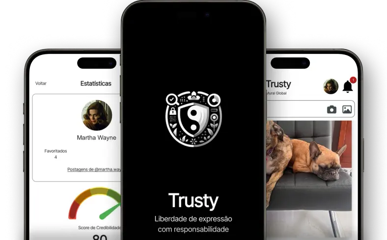 Tela inicial, de navegação e de postagem do Trusty
